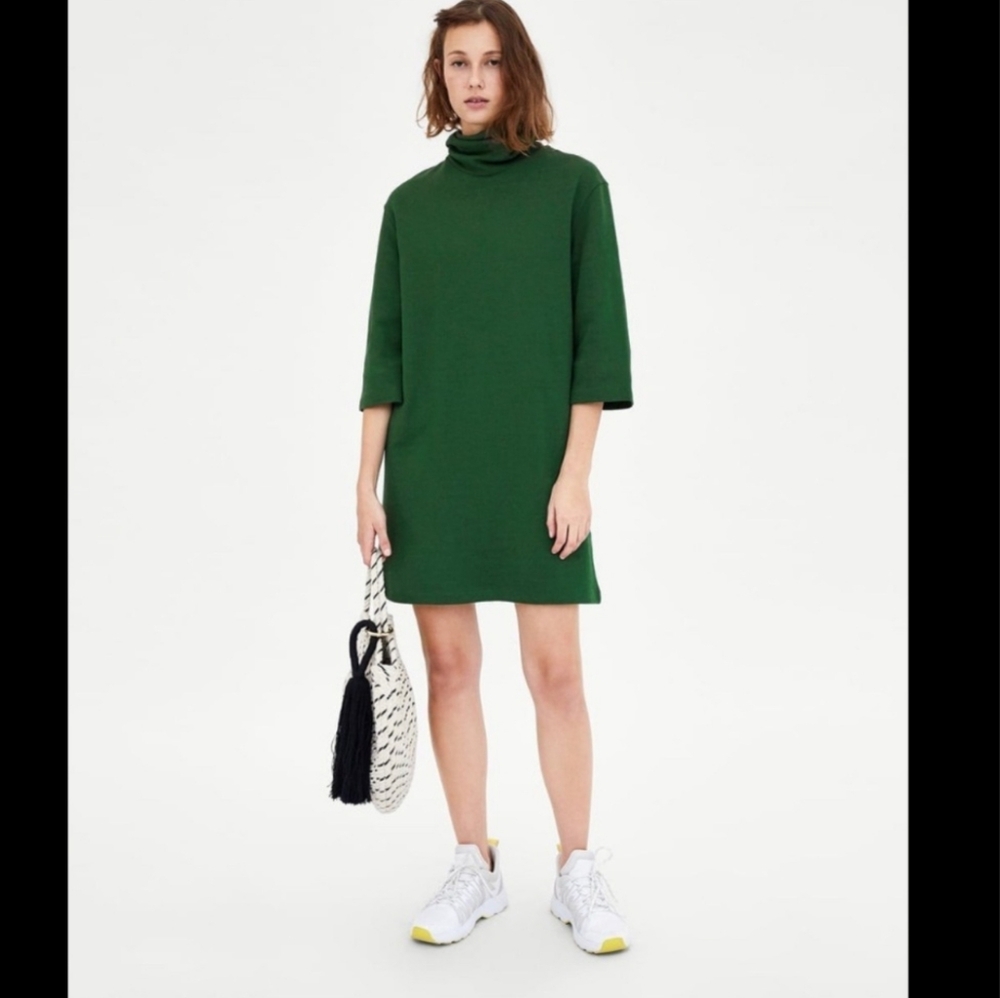 Zara Grass Green Mini Turtleneck Jersey Sporty Dress S